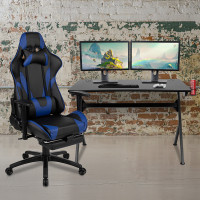 Flash Furniture BLN-X30D1904-BL-GG Black Gaming Desk and Blue Footrest Reclining Gaming Chair Set with Cup Holder, Headphone Hook & 2 Wire Management Holes